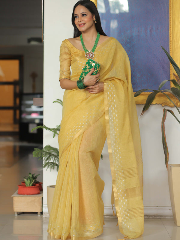 Banarasee Linen Tissue Sona Rupa Zari Work Saree-Yellow