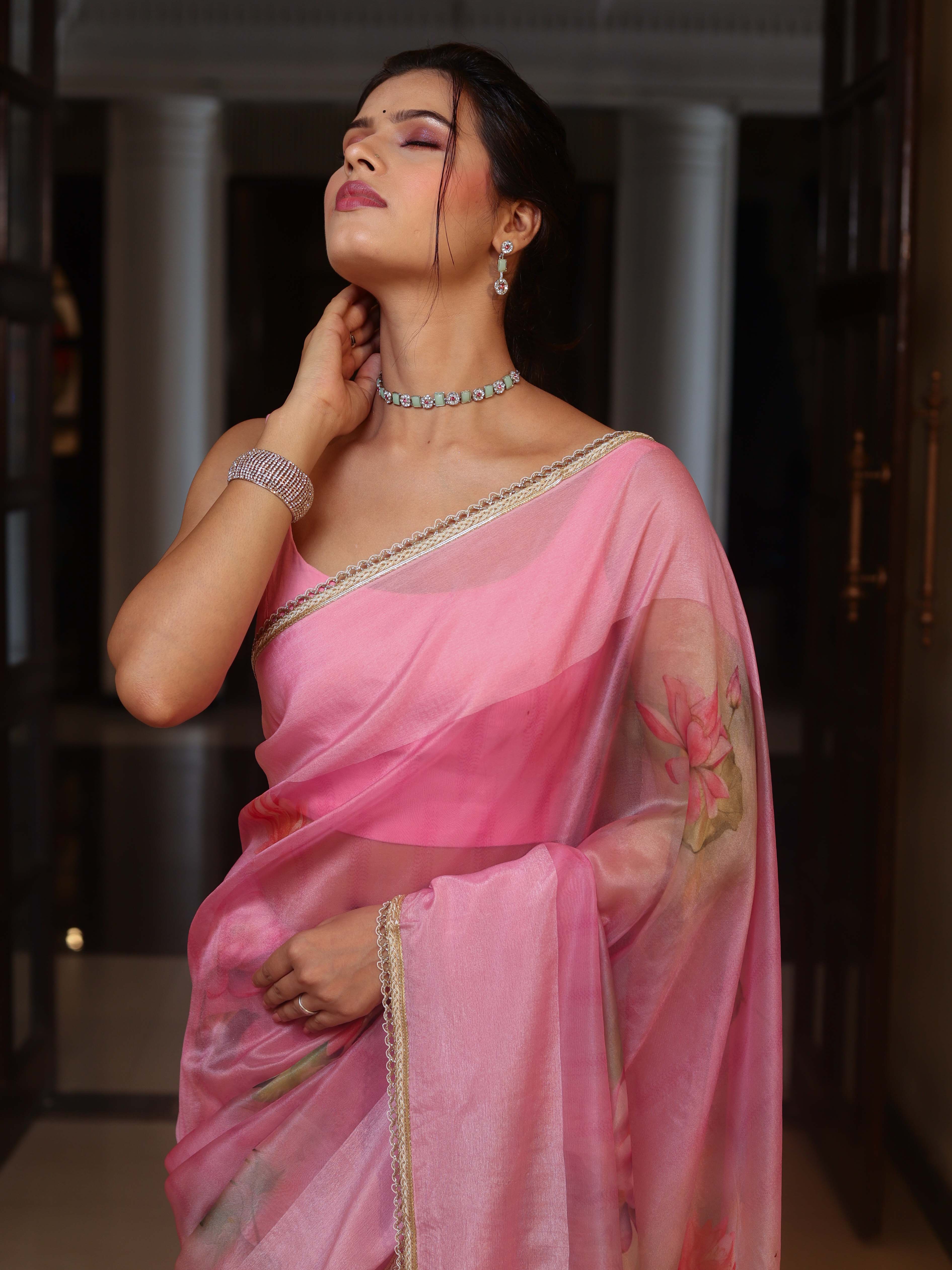 Banarasee Digital Printed Tissue Saree With Lace-Light Pink