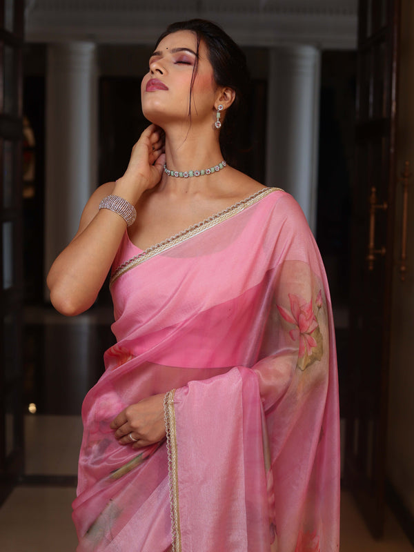 Banarasee Digital Printed Tissue Saree With Lace-Light Pink
