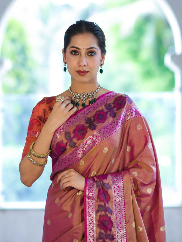 Banarasee Handloom Dual Tone Semi Silk Saree With Buti Design & Ikkat Border-Mauve