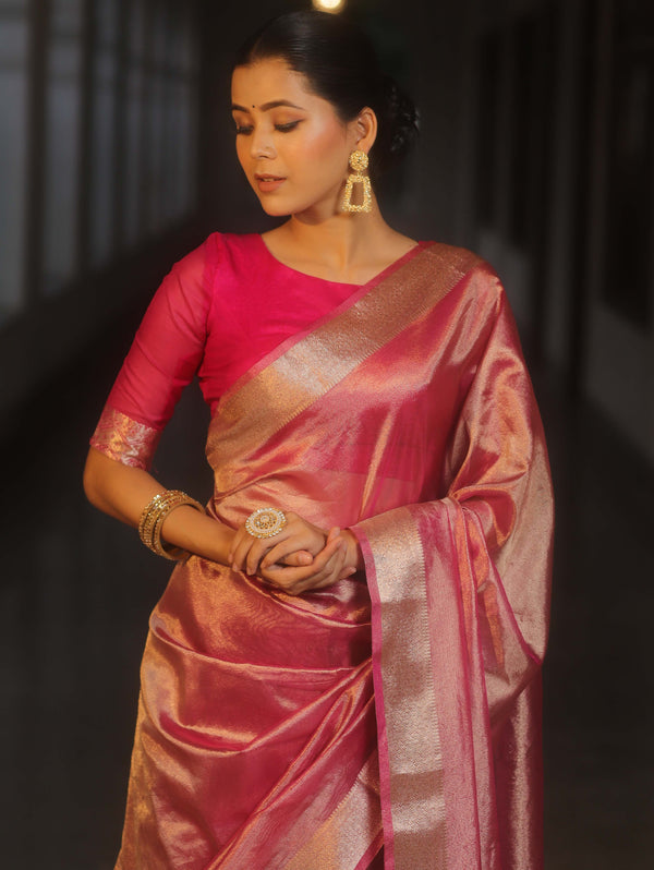 Banarasee Handwoven Plain Tissue Zari Border Saree-Pink