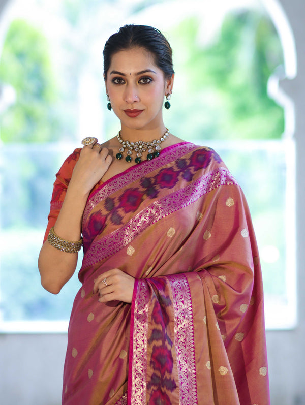 Banarasee Handloom Dual Tone Semi Silk Saree With Buti Design & Ikkat Border-Mauve