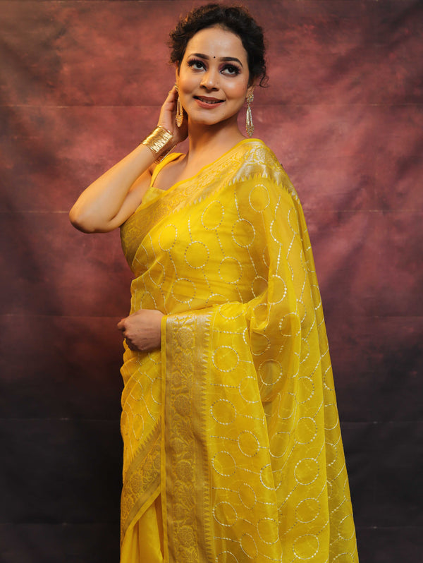 Banarasee Organza Floral Embroidery Sequin Work Saree-Yellow