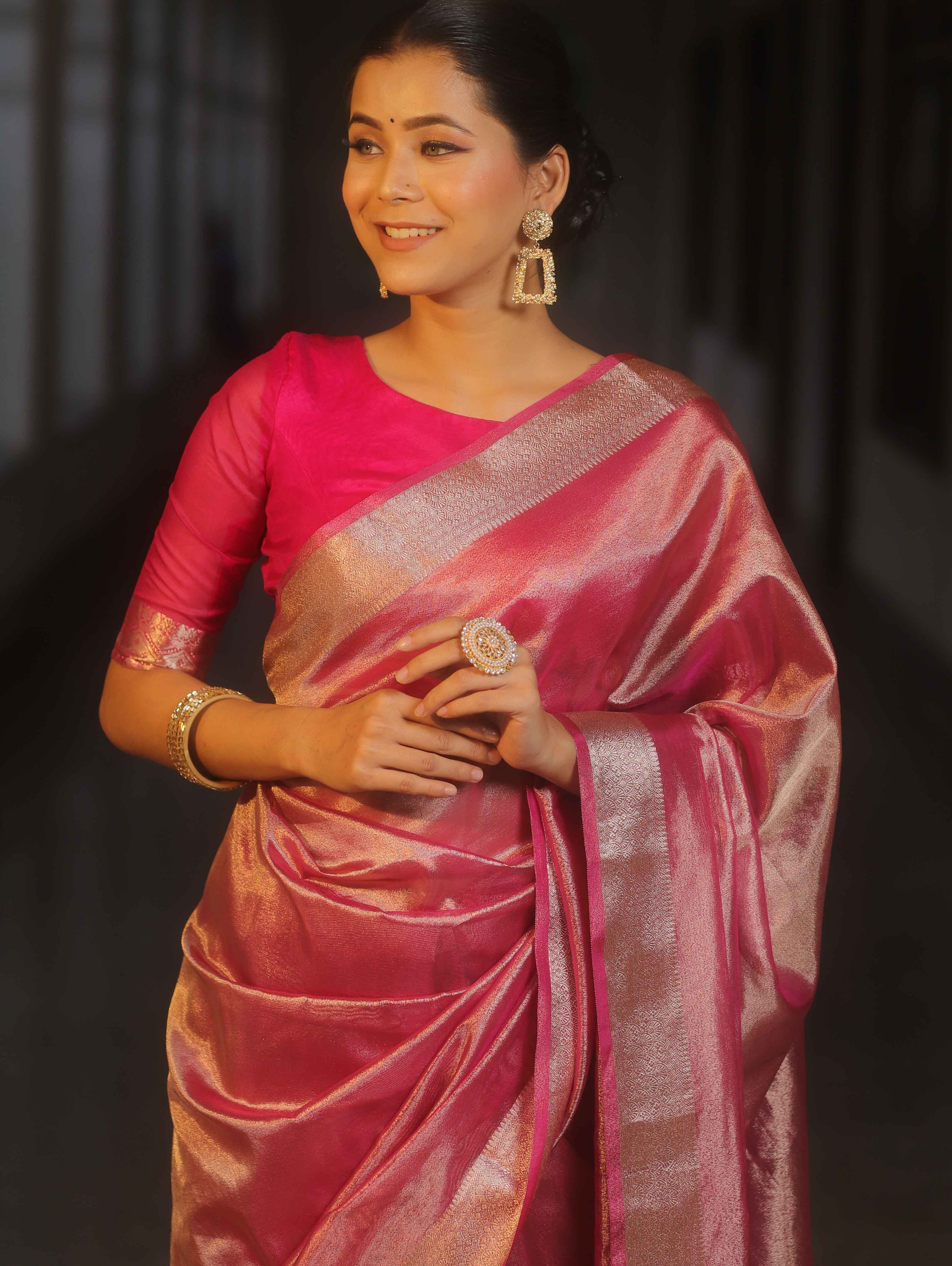 Banarasee Handwoven Plain Tissue Zari Border Saree-Pink