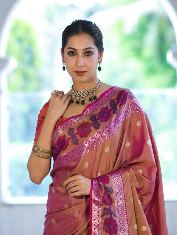 Banarasee Handloom Dual Tone Semi Silk Saree With Buti Design & Ikkat Border-Mauve