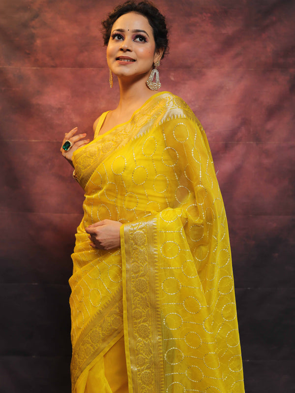 Banarasee Organza Floral Embroidery Sequin Work Saree-Yellow