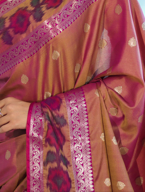 Banarasee Handloom Dual Tone Semi Silk Saree With Buti Design & Ikkat Border-Mauve