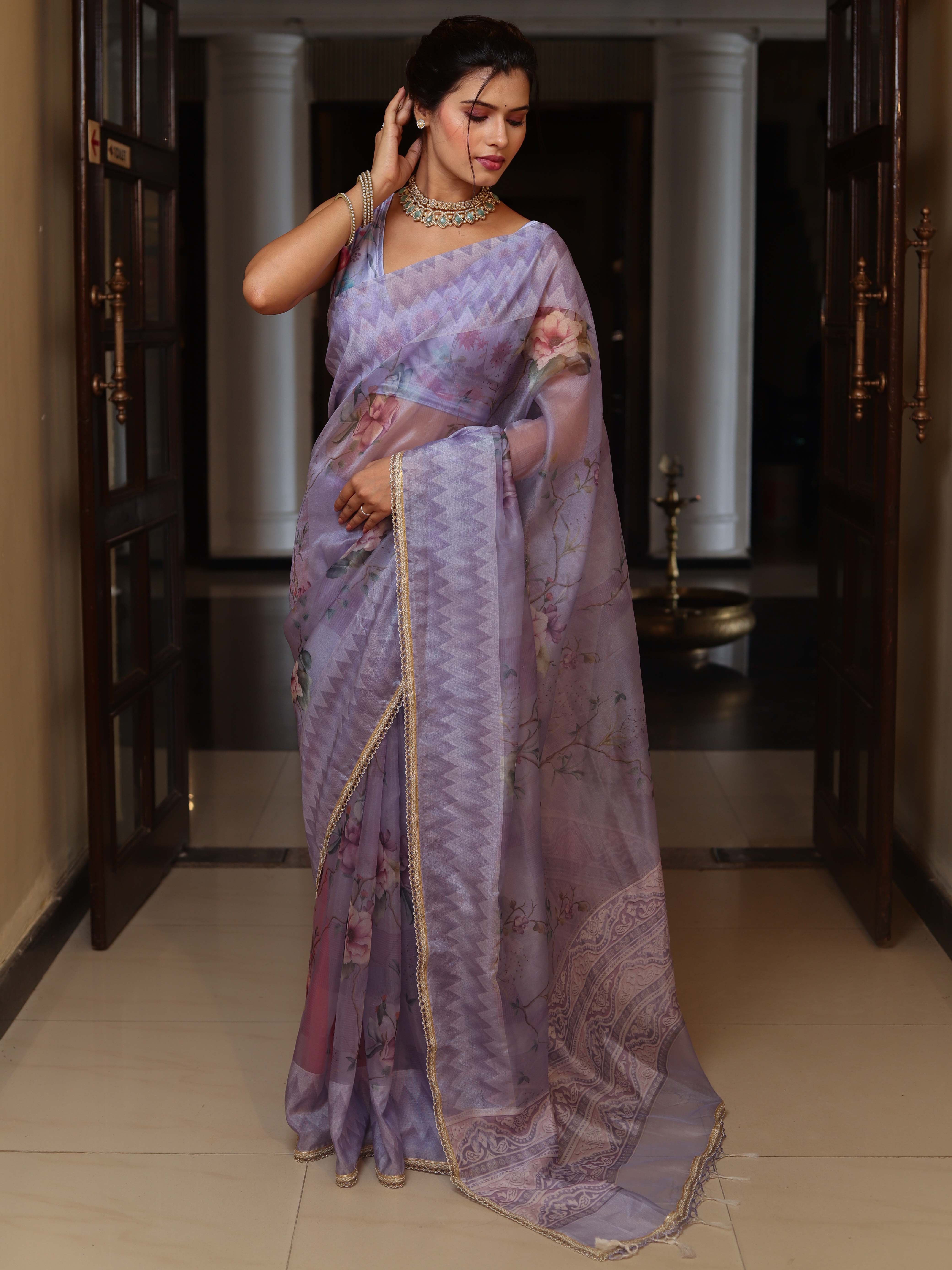 Banarasee Digital Printed Tissue Saree With Lace-Light Purple