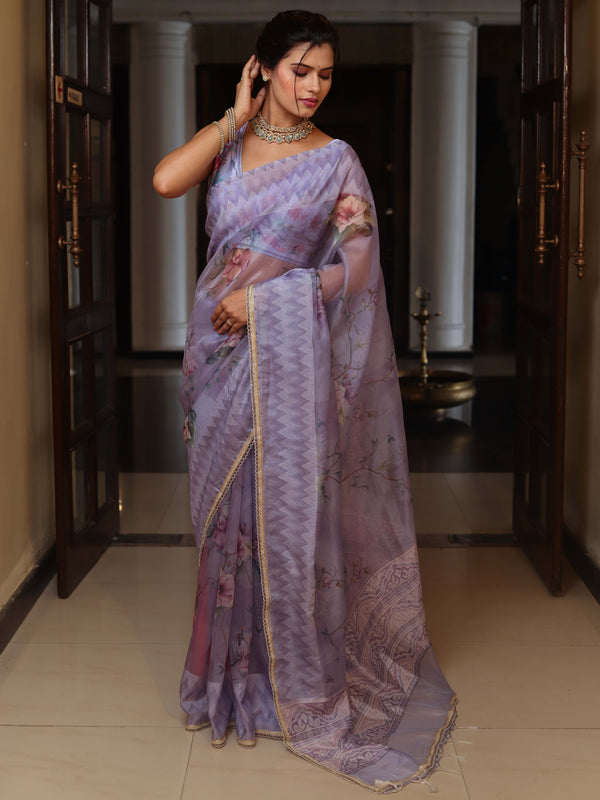Banarasee Digital Printed Tissue Saree With Lace-Light Purple