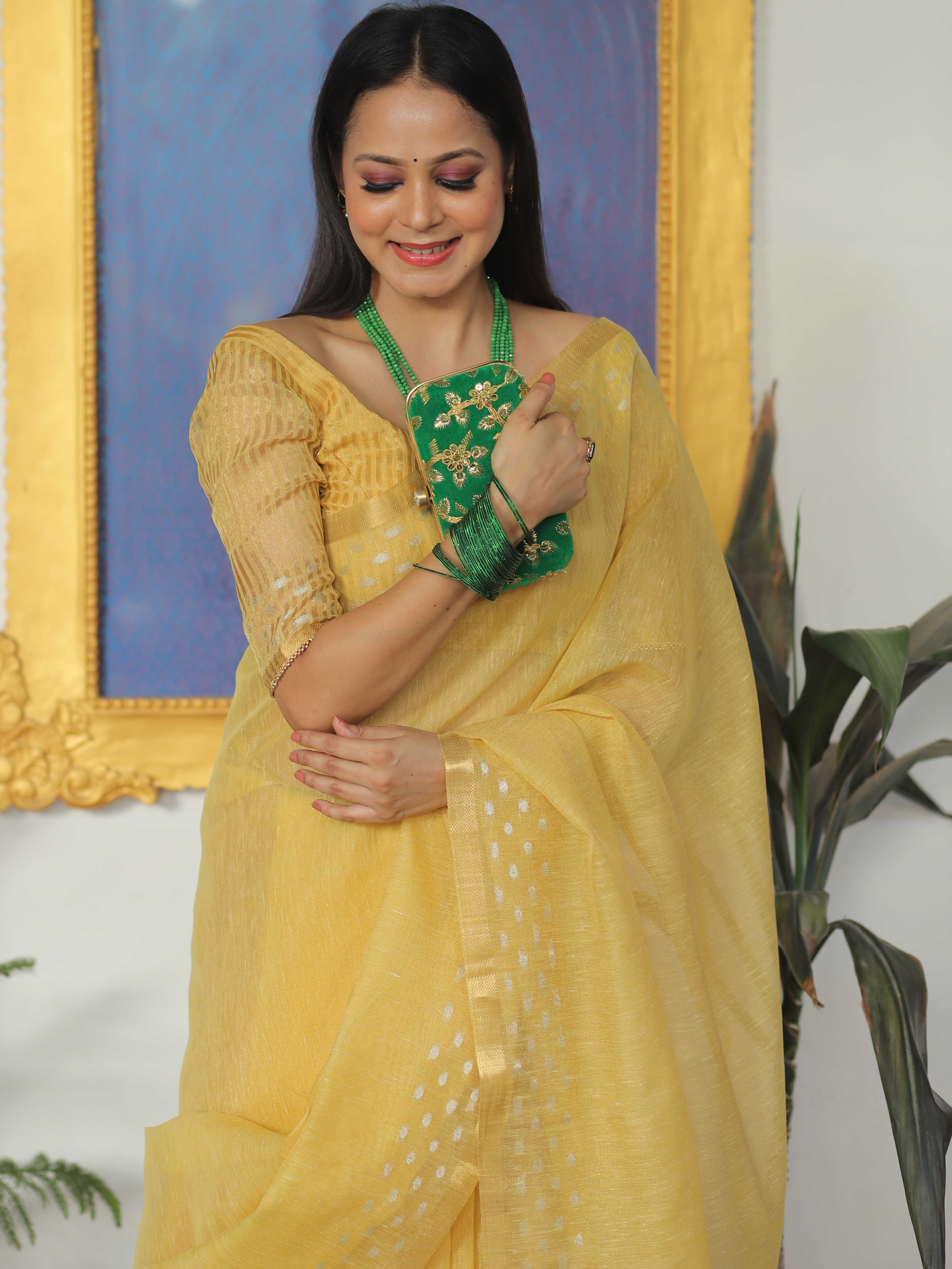 Banarasee Linen Tissue Sona Rupa Zari Work Saree-Yellow