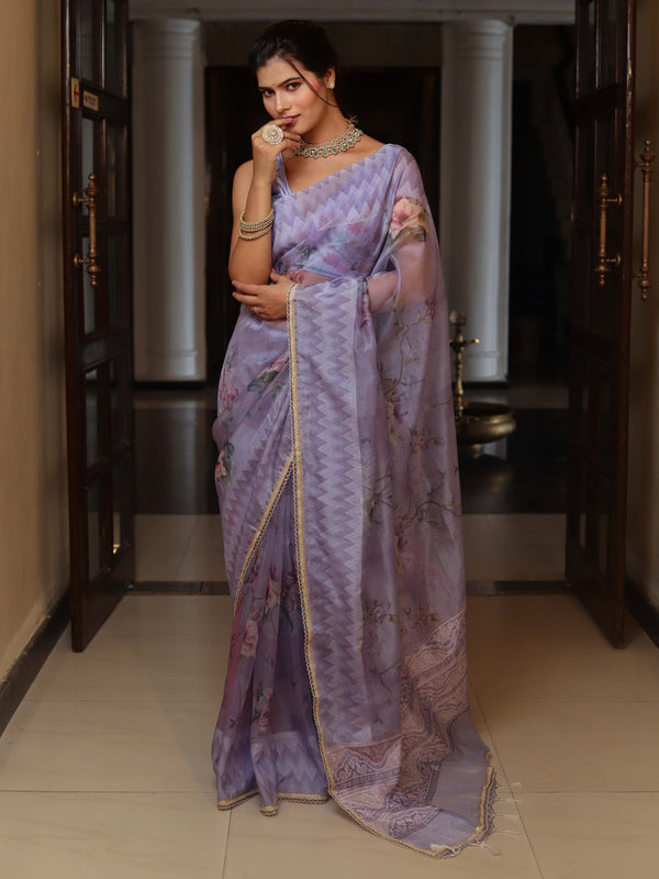 Banarasee Digital Printed Tissue Saree With Lace-Light Purple
