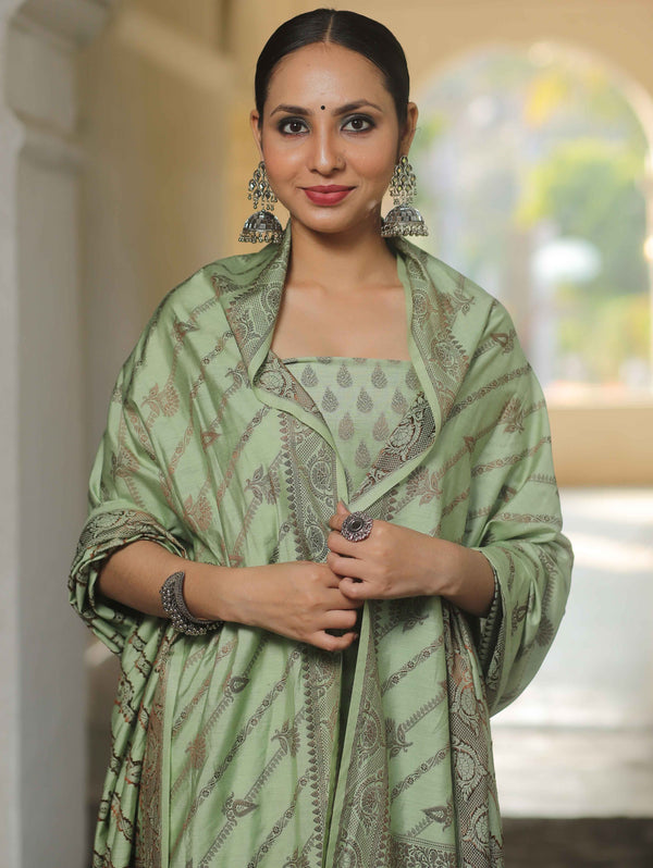 Banarasee Semi Katan Silk Salwar Kameez Fabric With Dupatta Resham Zari Work-Light Green