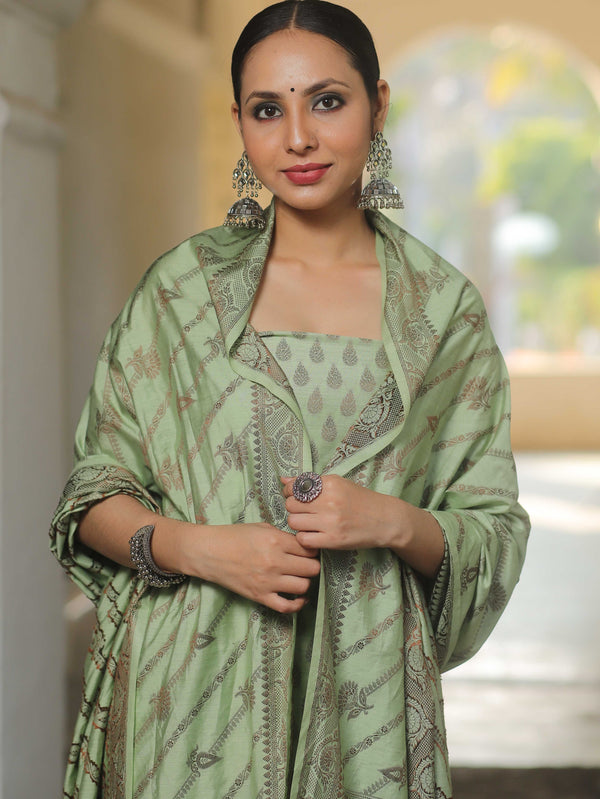 Banarasee Semi Katan Silk Salwar Kameez Fabric With Dupatta Resham Zari Work-Light Green