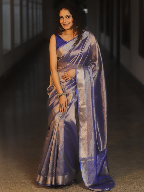Banarasee Handwoven Plain Tissue Zari Border Saree-Royal Blue