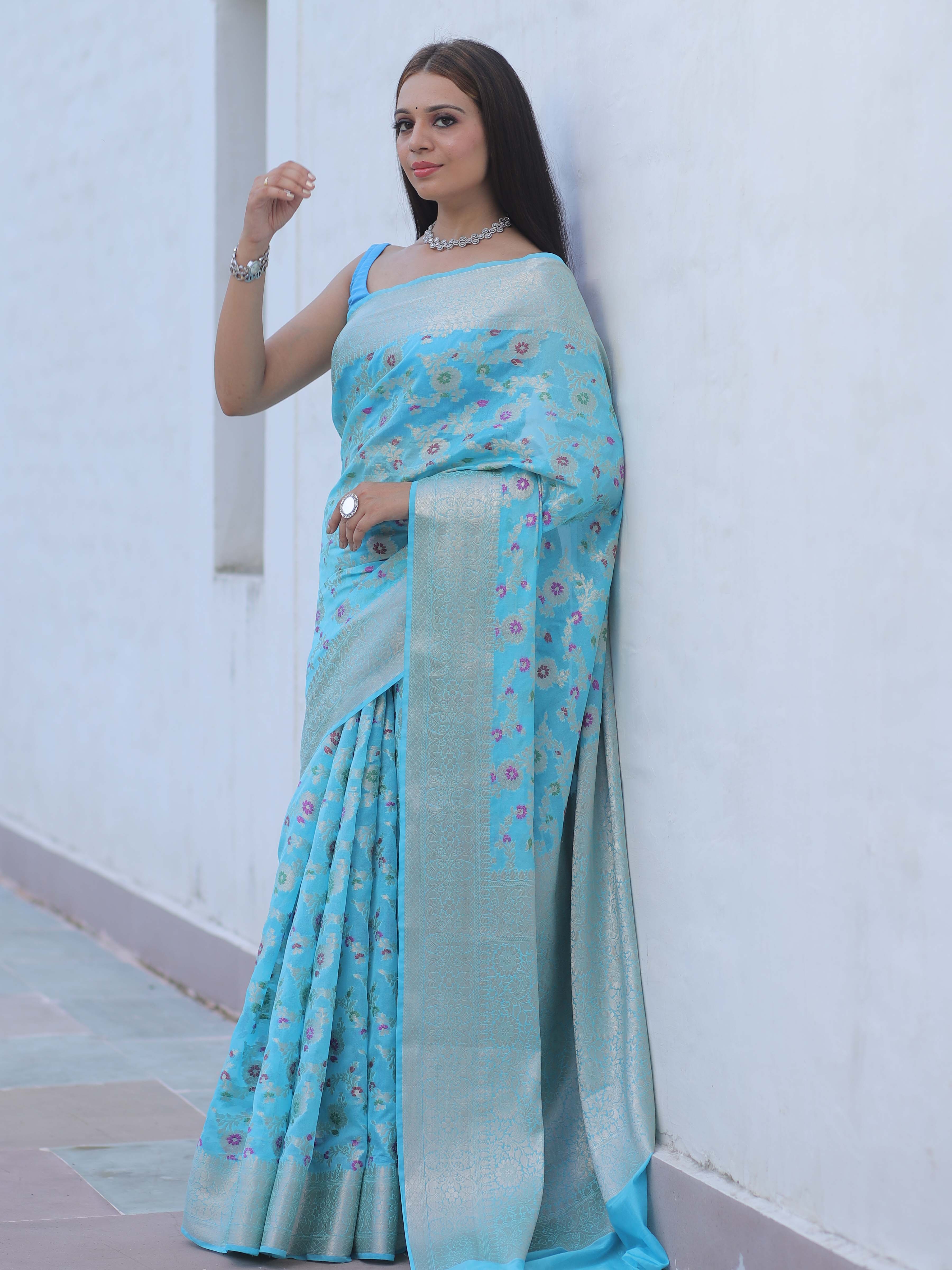 Banarasee Faux Georgette Saree With Zari & Resham Work-Light Blue