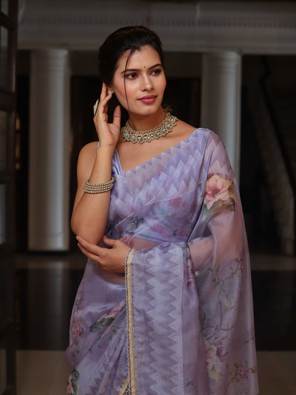 Banarasee Digital Printed Tissue Saree With Lace-Light Purple