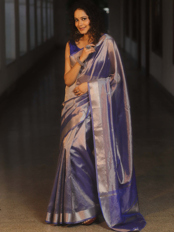 Banarasee Handwoven Plain Tissue Zari Border Saree-Royal Blue