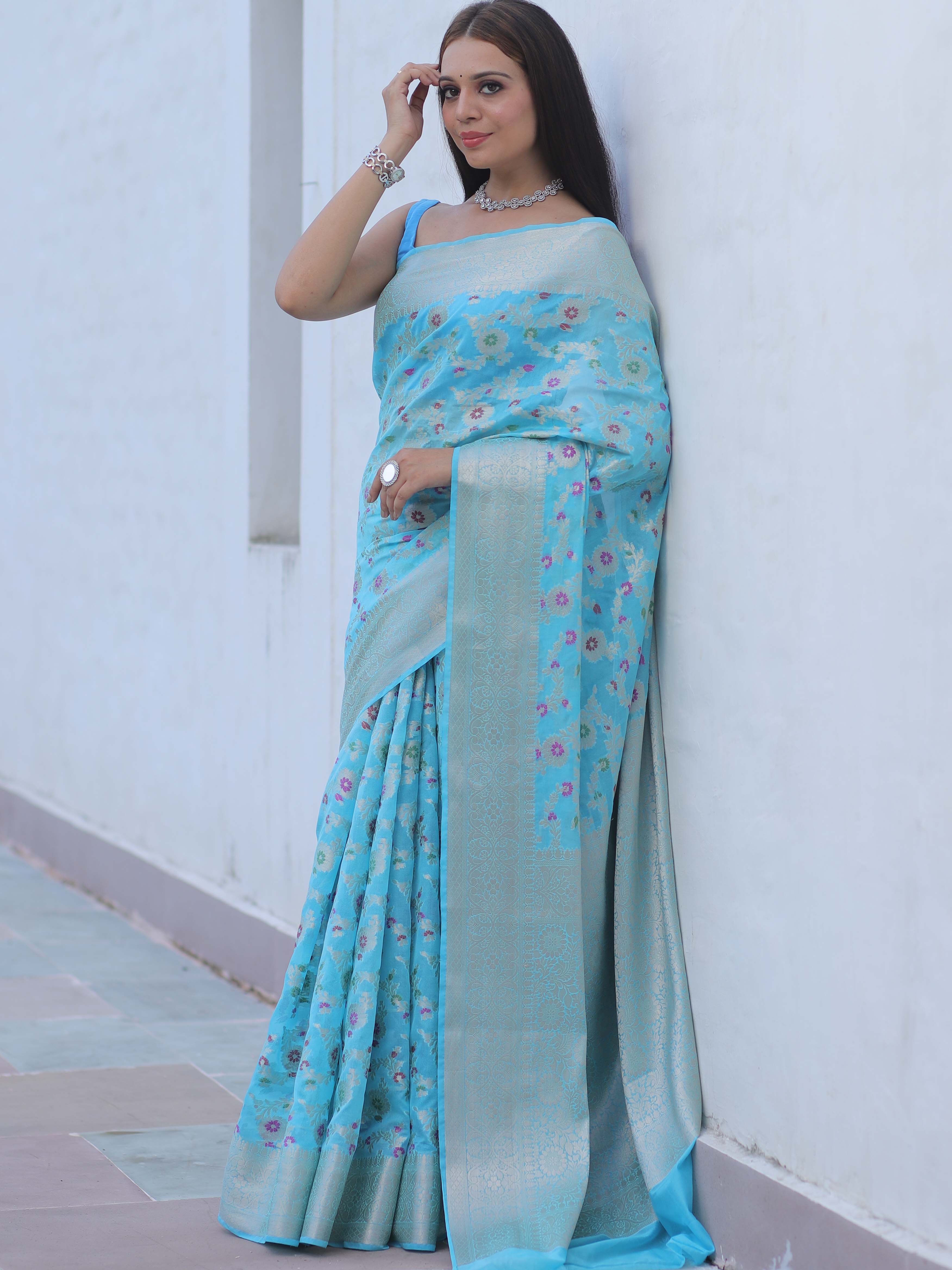 Banarasee Faux Georgette Saree With Zari & Resham Work-Light Blue
