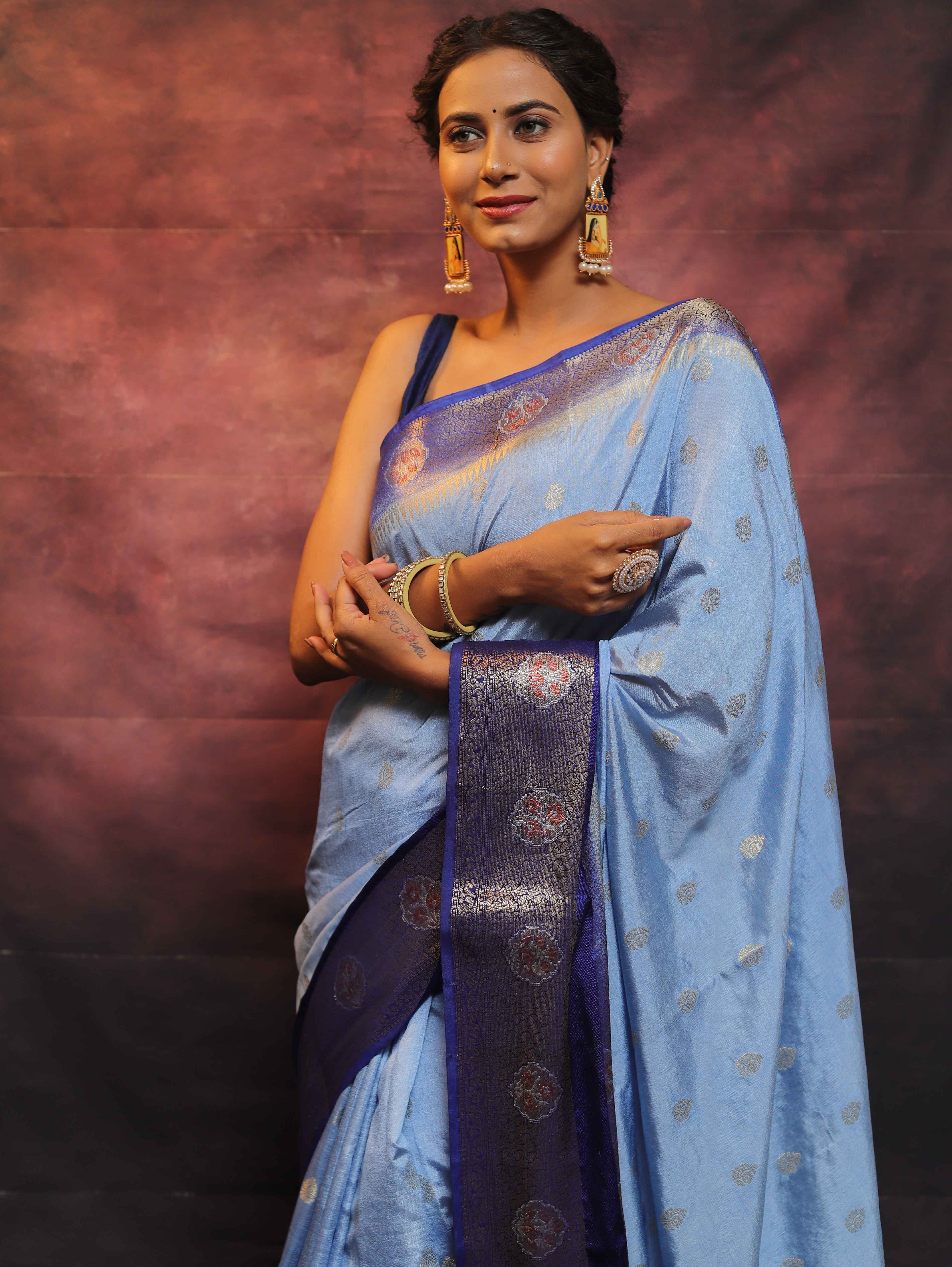 Banarasee Semi Silk Zari Buti Saree With Contrast Border-Blue