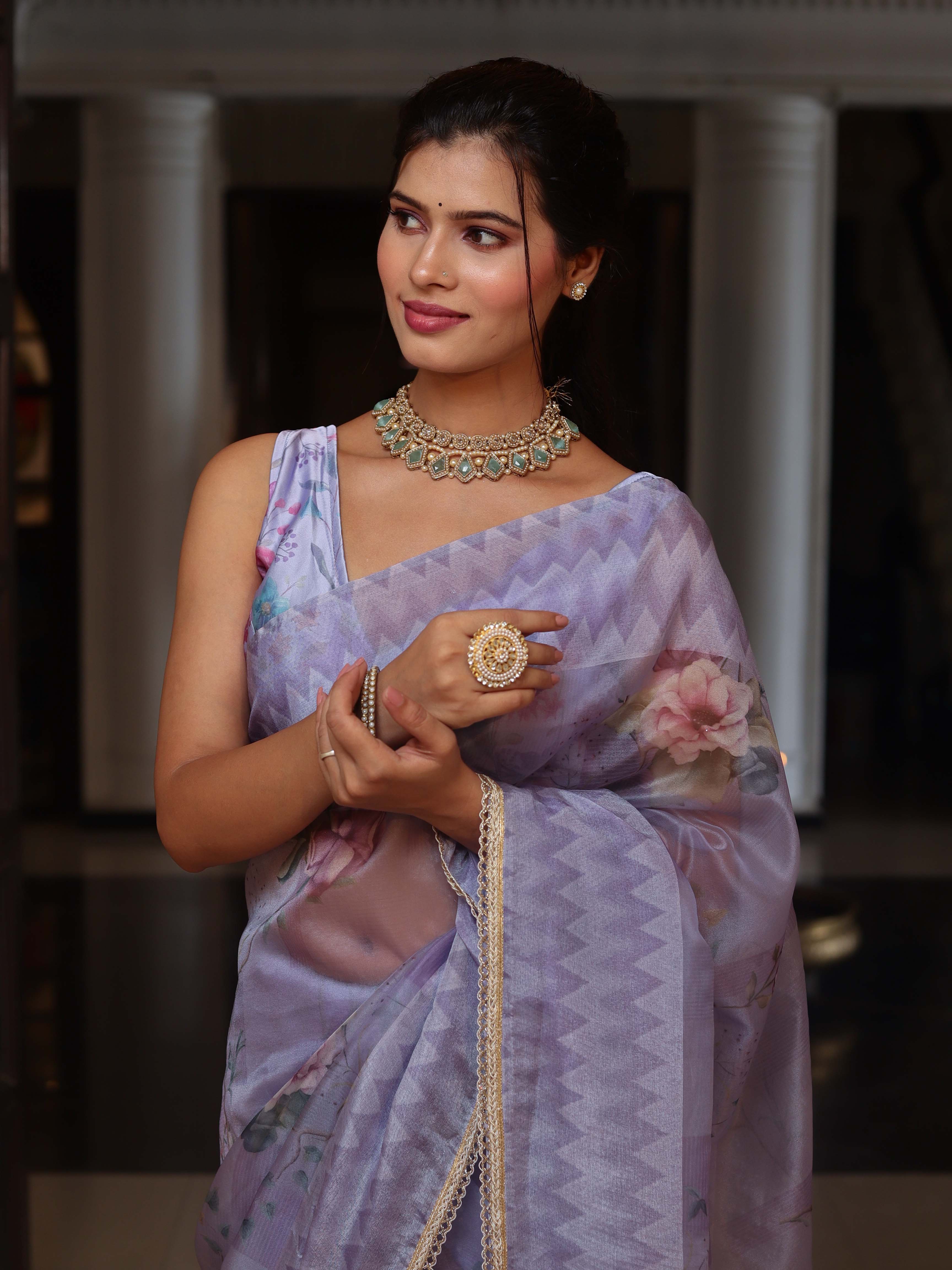 Banarasee Digital Printed Tissue Saree With Lace-Light Purple