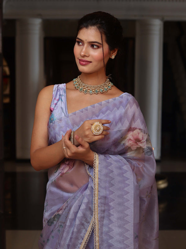 Banarasee Digital Printed Tissue Saree With Lace-Light Purple