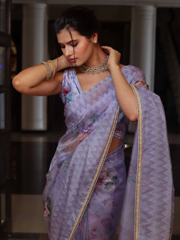 Banarasee Digital Printed Tissue Saree With Lace-Light Purple