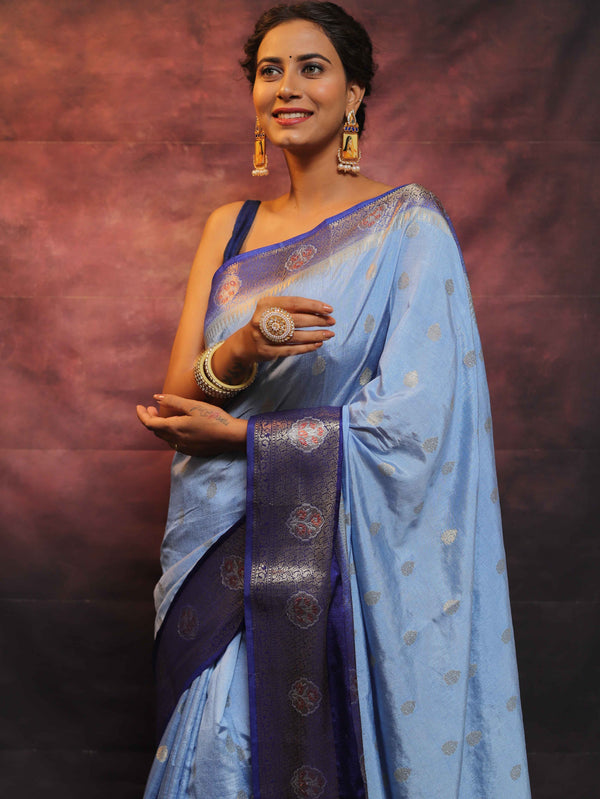 Banarasee Semi Silk Zari Buti Saree With Contrast Border-Blue