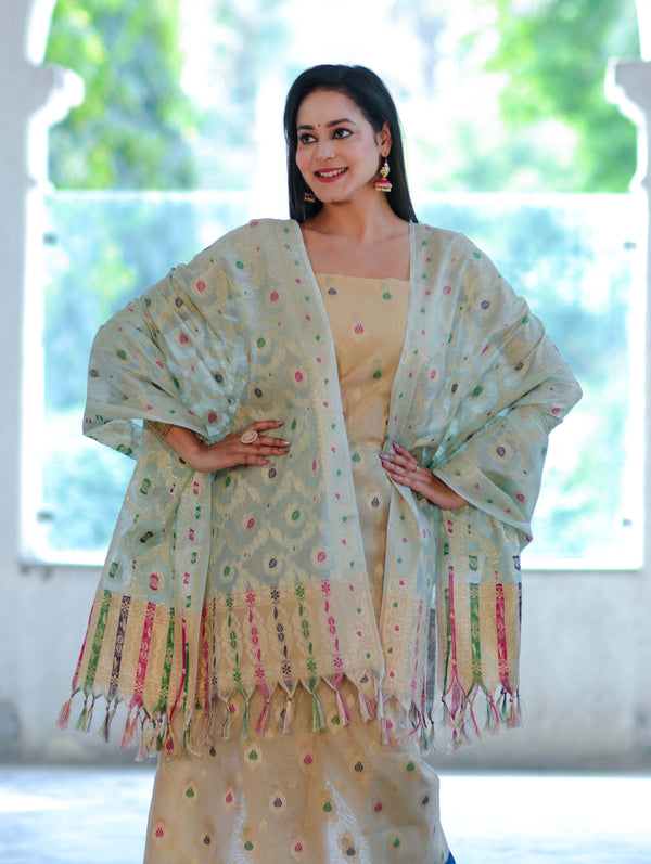 Banarasee Cotton Silk Zari Work Salwar Kameez Fabric With Jaal Design Dupatta Set-Gold & Mint Green