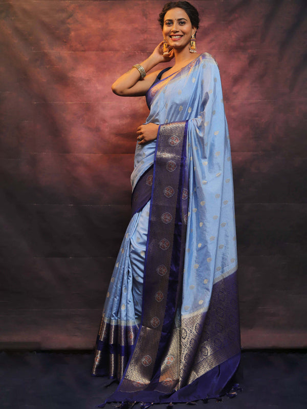 Banarasee Semi Silk Zari Buti Saree With Contrast Border-Blue