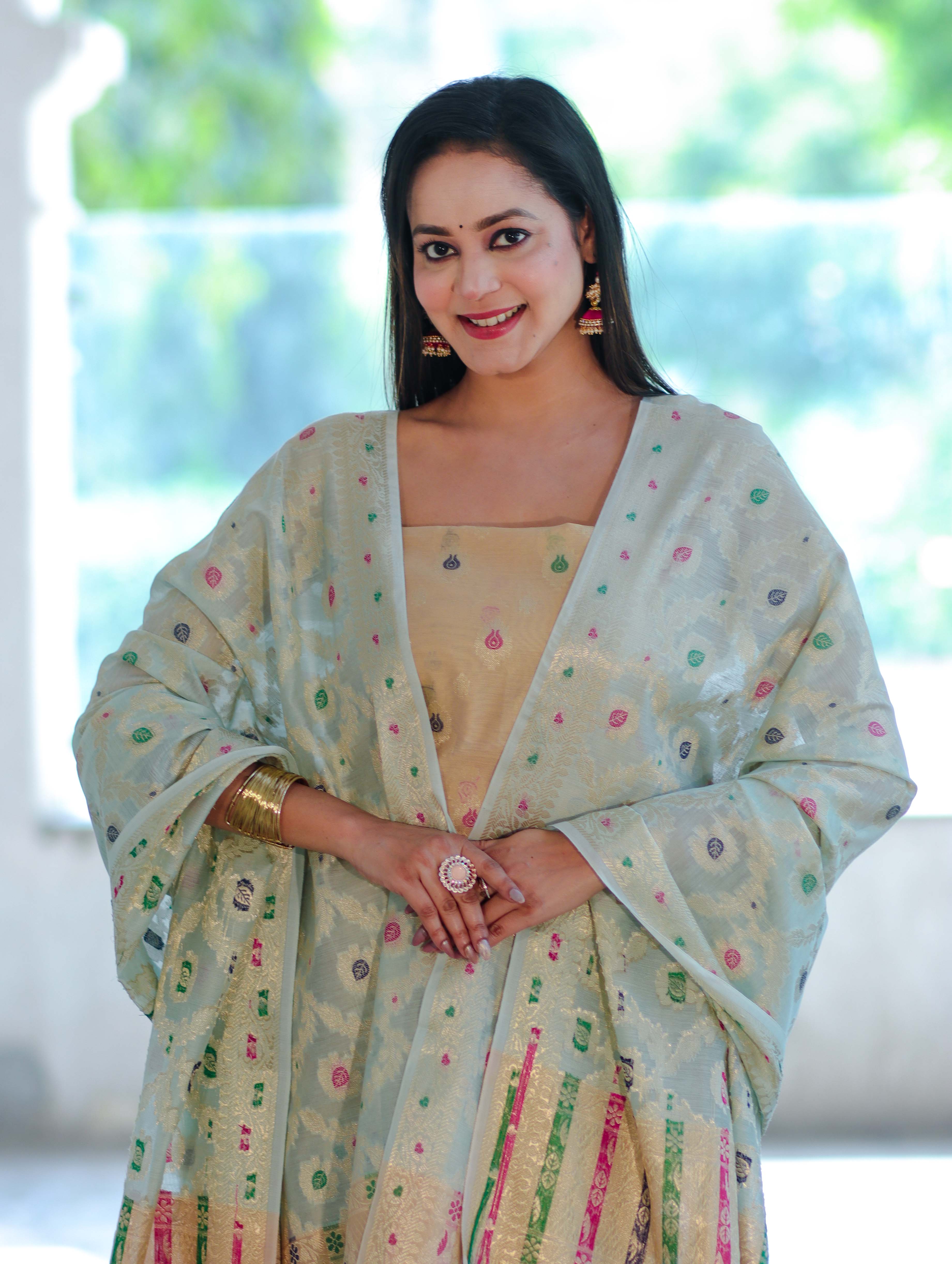 Banarasee Cotton Silk Zari Work Salwar Kameez Fabric With Jaal Design Dupatta Set-Gold & Mint Green