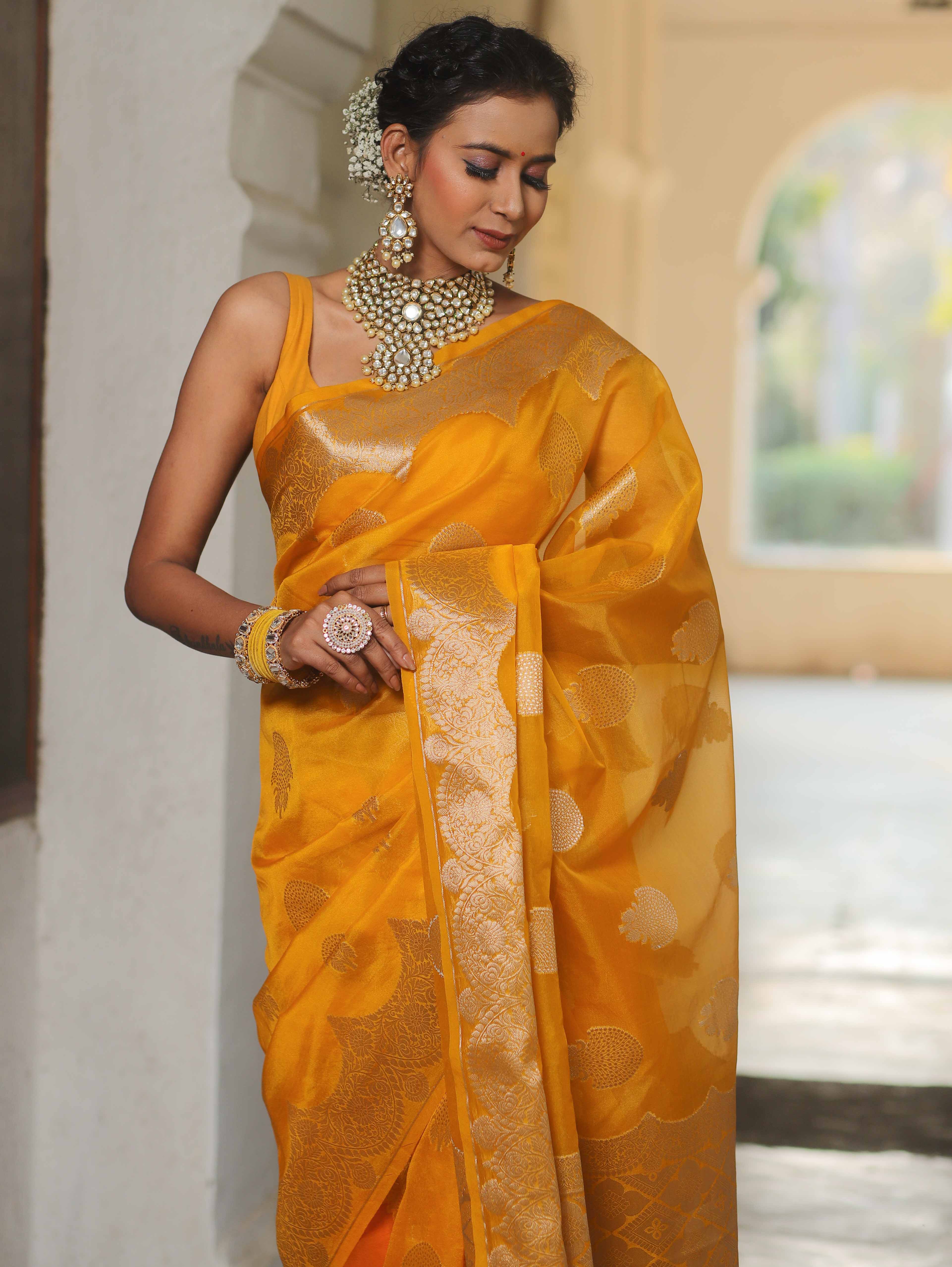 Banarasee Organza Mix Saree With Zari Buta & Scallop Border Design-Yellow