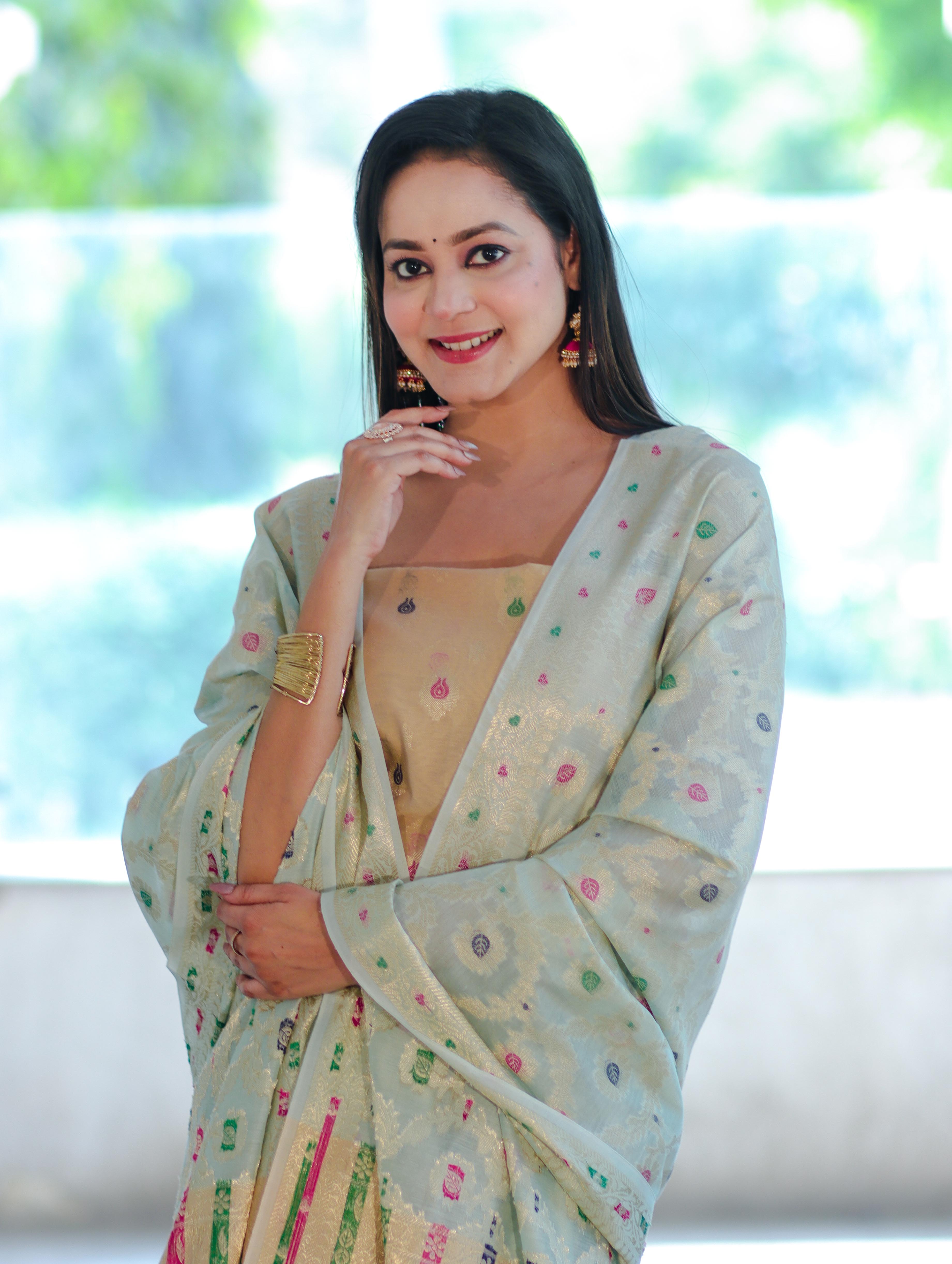 Banarasee Cotton Silk Zari Work Salwar Kameez Fabric With Jaal Design Dupatta Set-Gold & Mint Green