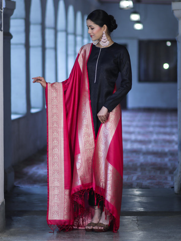 Banarasee Katan Silk Dupatta With Gold Zari Woven Border-Fuchsia Pink