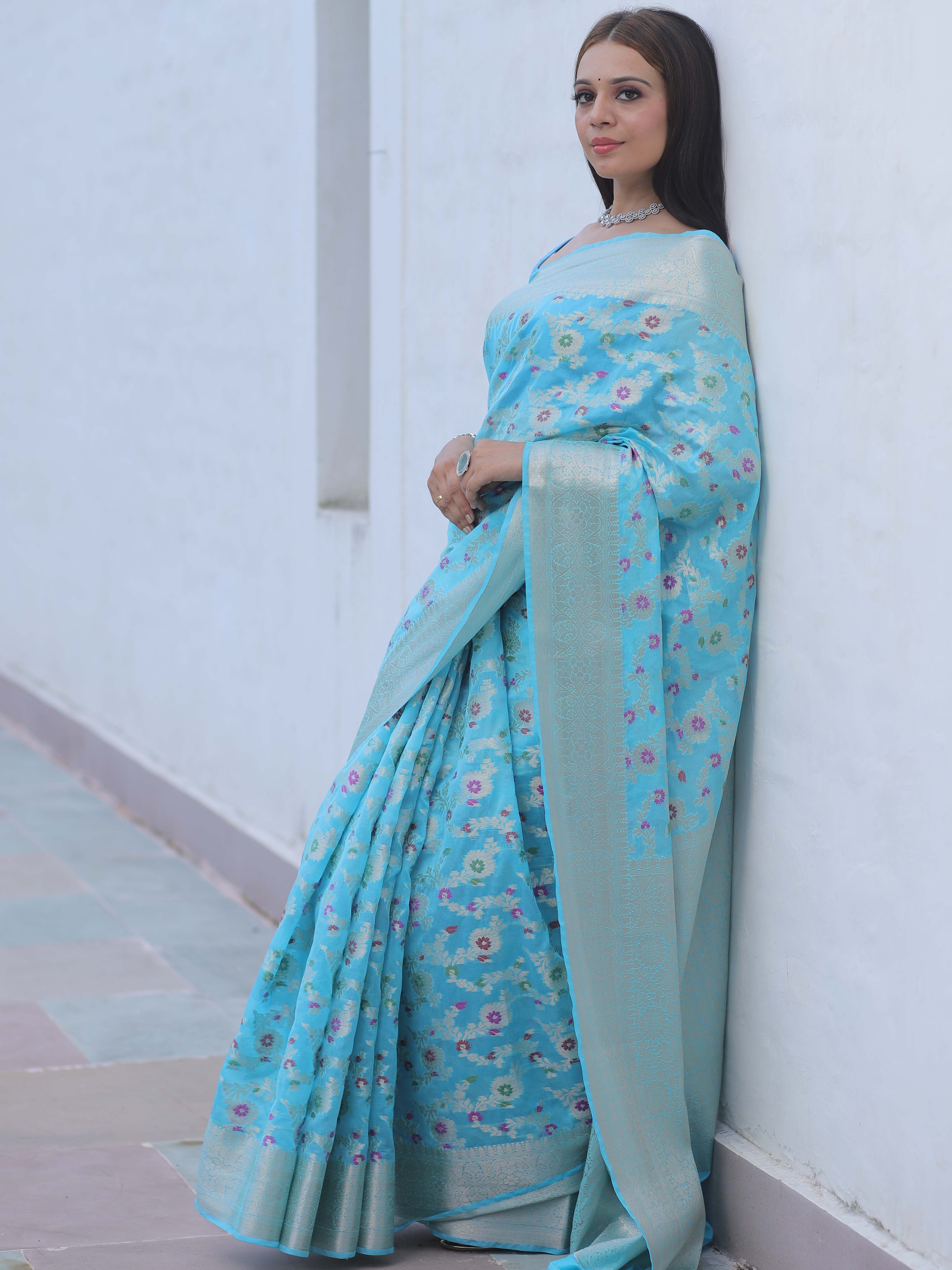 Banarasee Faux Georgette Saree With Zari & Resham Work-Light Blue