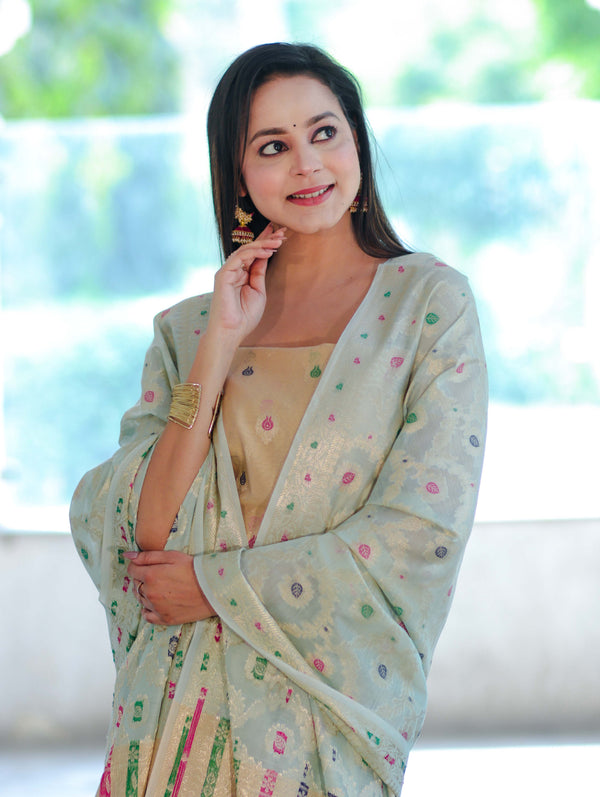 Banarasee Cotton Silk Zari Work Salwar Kameez Fabric With Jaal Design Dupatta Set-Gold & Mint Green