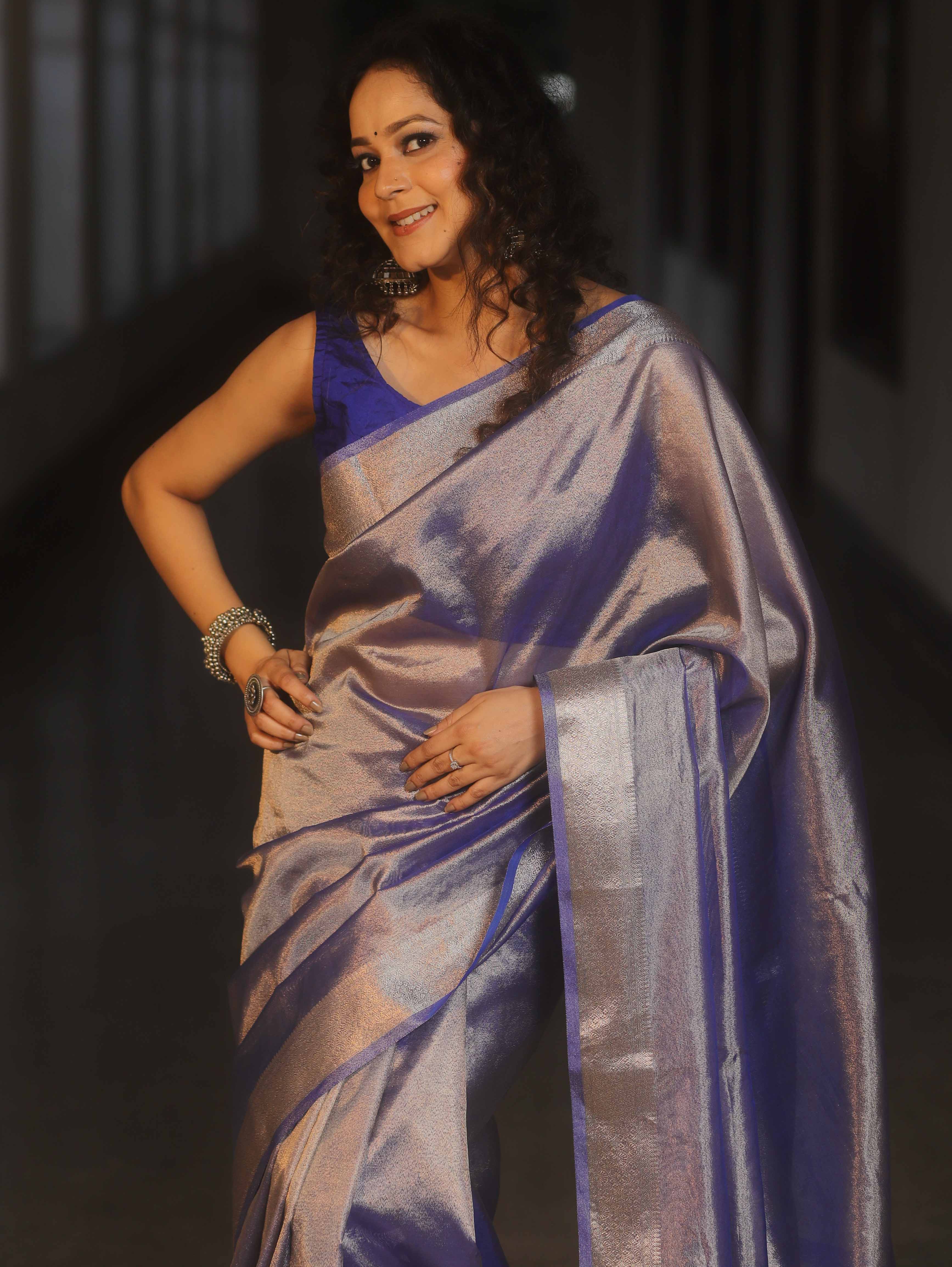 Banarasee Handwoven Plain Tissue Zari Border Saree-Royal Blue