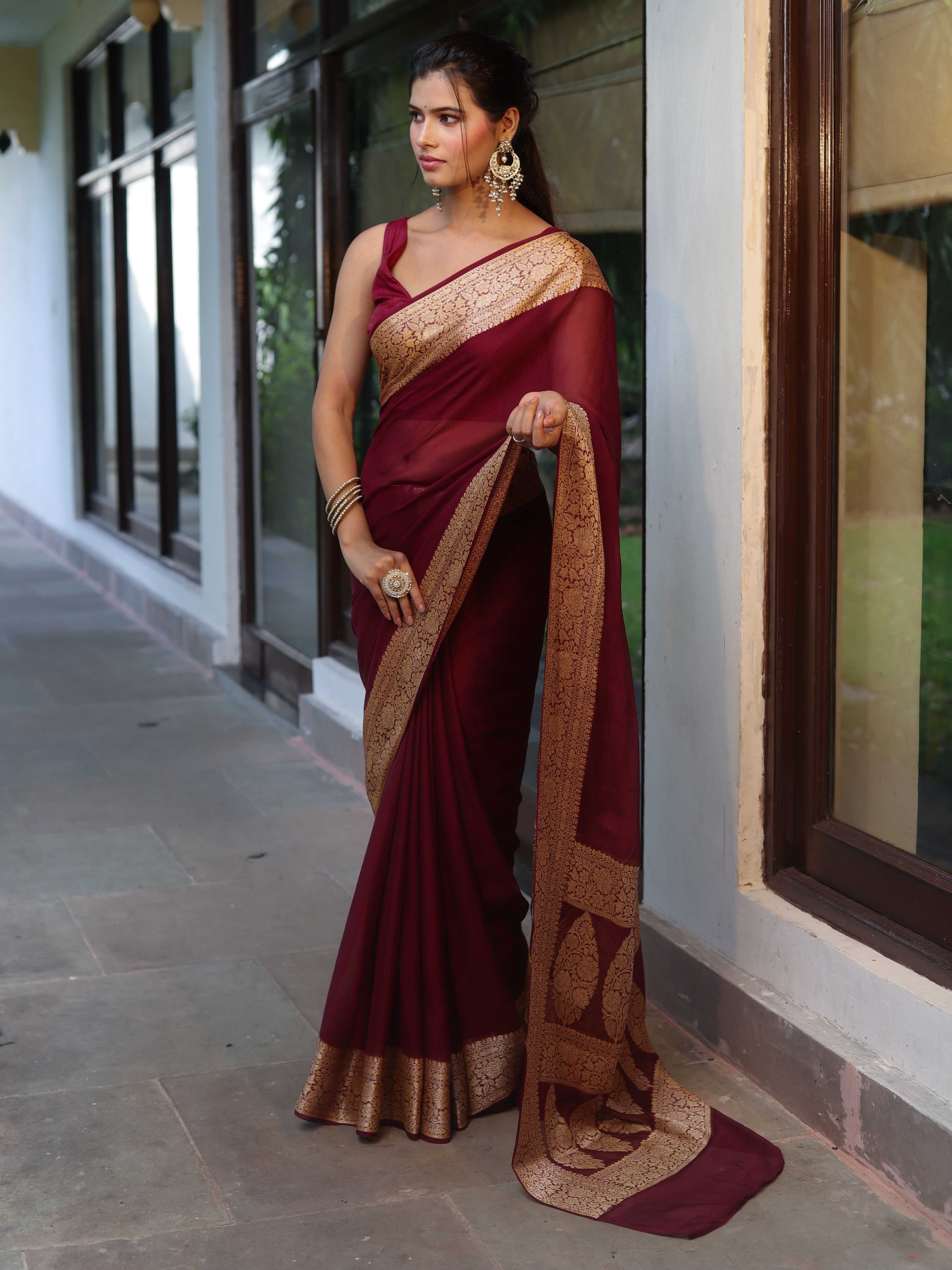 Banarasee Pure Chiffon Saree With Broad Zari Border-Maroon