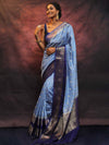 Banarasee Semi Silk Zari Buti Saree With Contrast Border-Blue