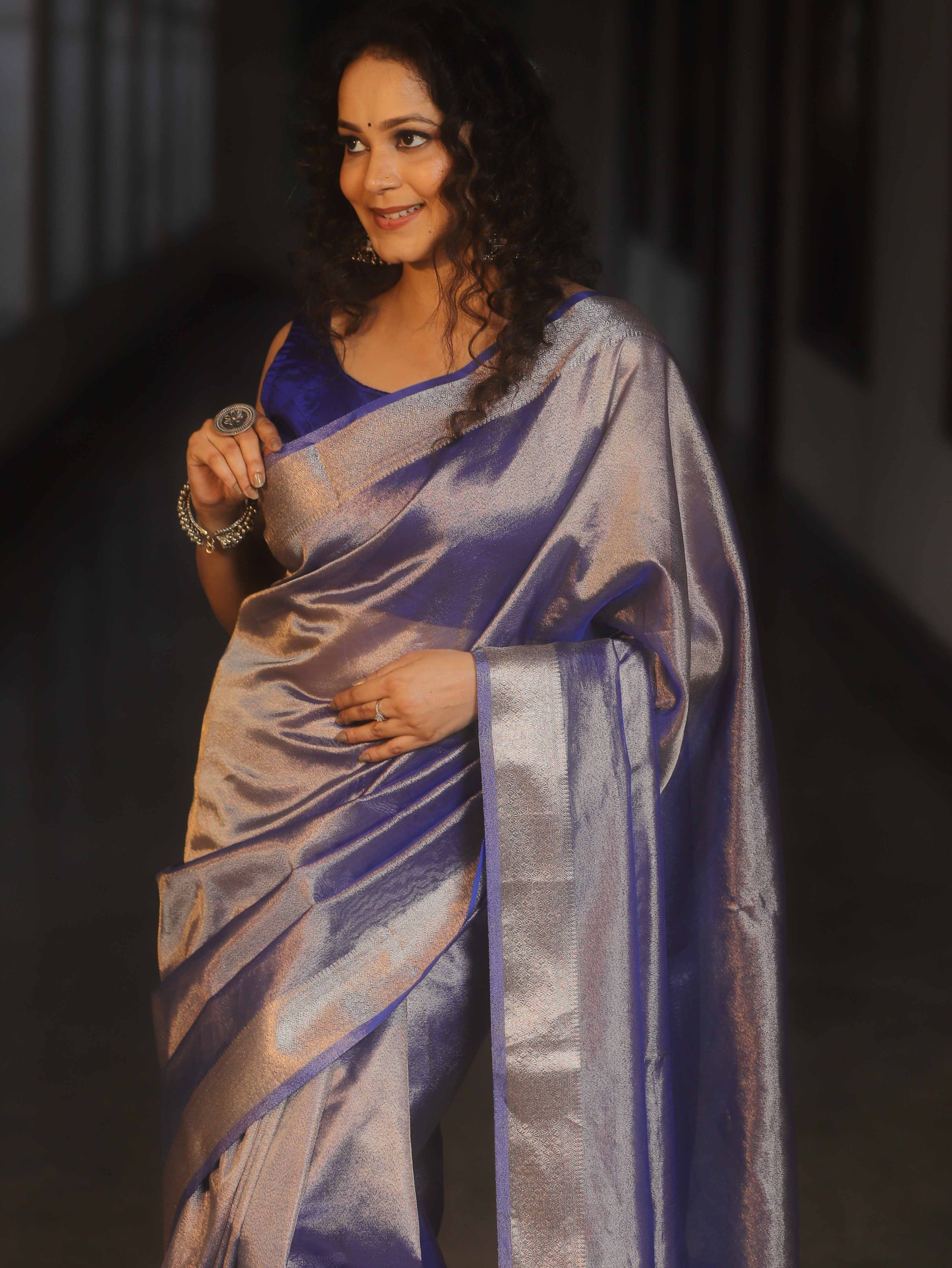 Banarasee Handwoven Plain Tissue Zari Border Saree-Royal Blue