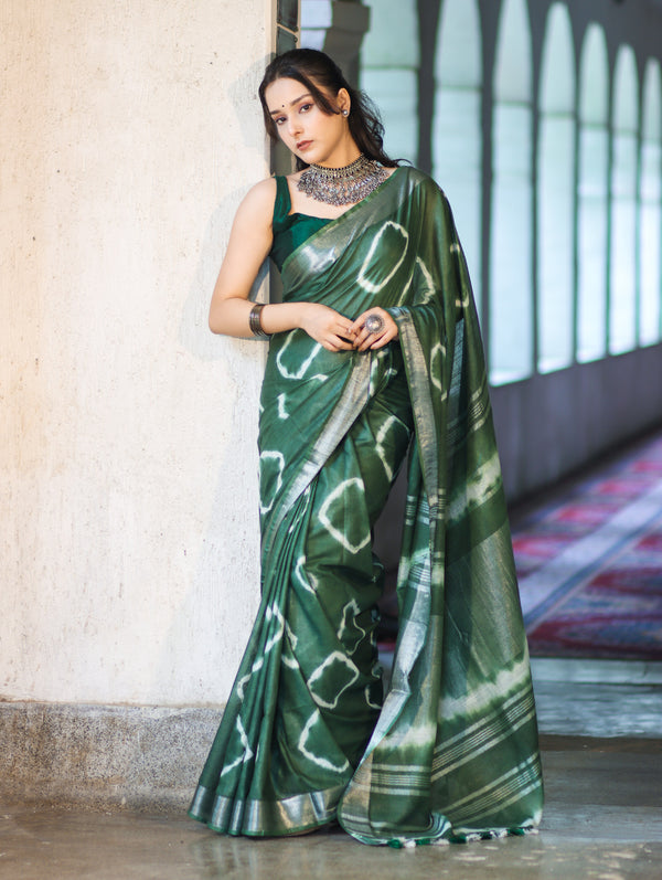 Banarasee Handloom Cotton Silk Hand Dyed Shibori Pattern Saree-Green