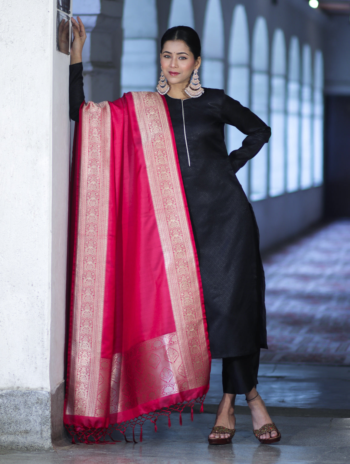 Banarasee Katan Silk Dupatta With Gold Zari Woven Border-Fuchsia Pink