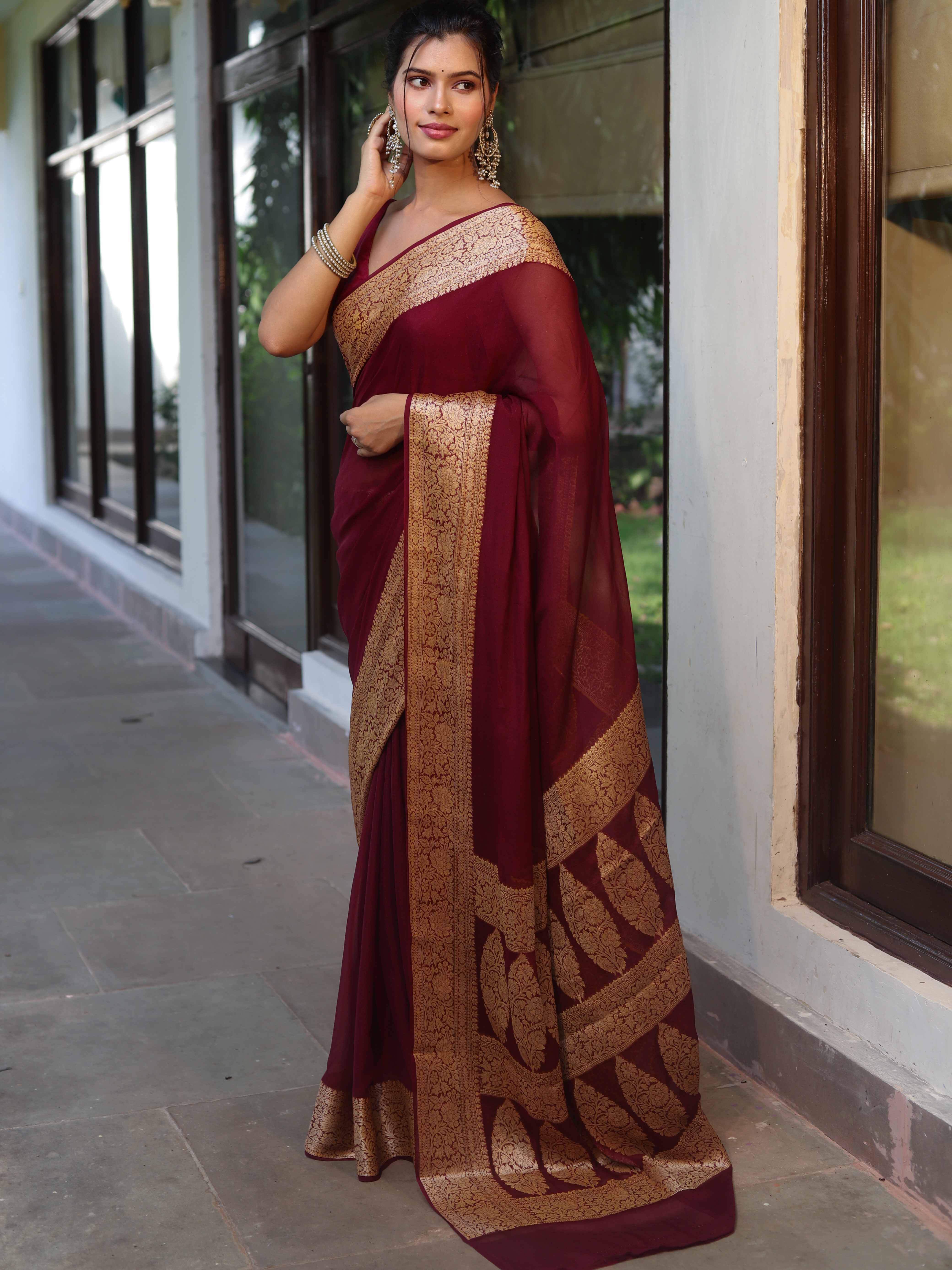 Banarasee Pure Chiffon Saree With Broad Zari Border-Maroon