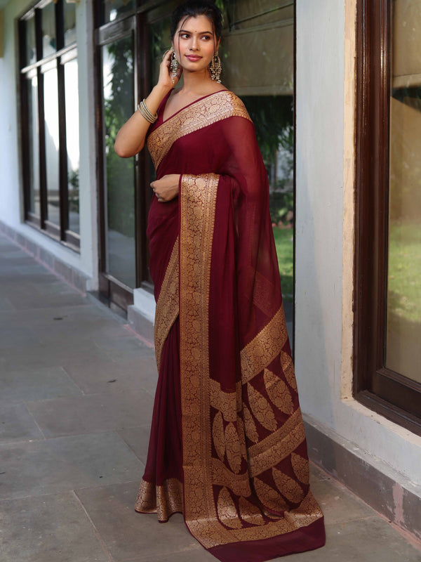 Banarasee Pure Chiffon Saree With Broad Zari Border-Maroon