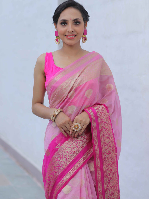 Banarasee Faux Georgette Saree With Gold Zari Work & Dual Color-Pink