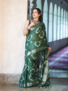 Banarasee Handloom Cotton Silk Hand Dyed Shibori Pattern Saree-Green