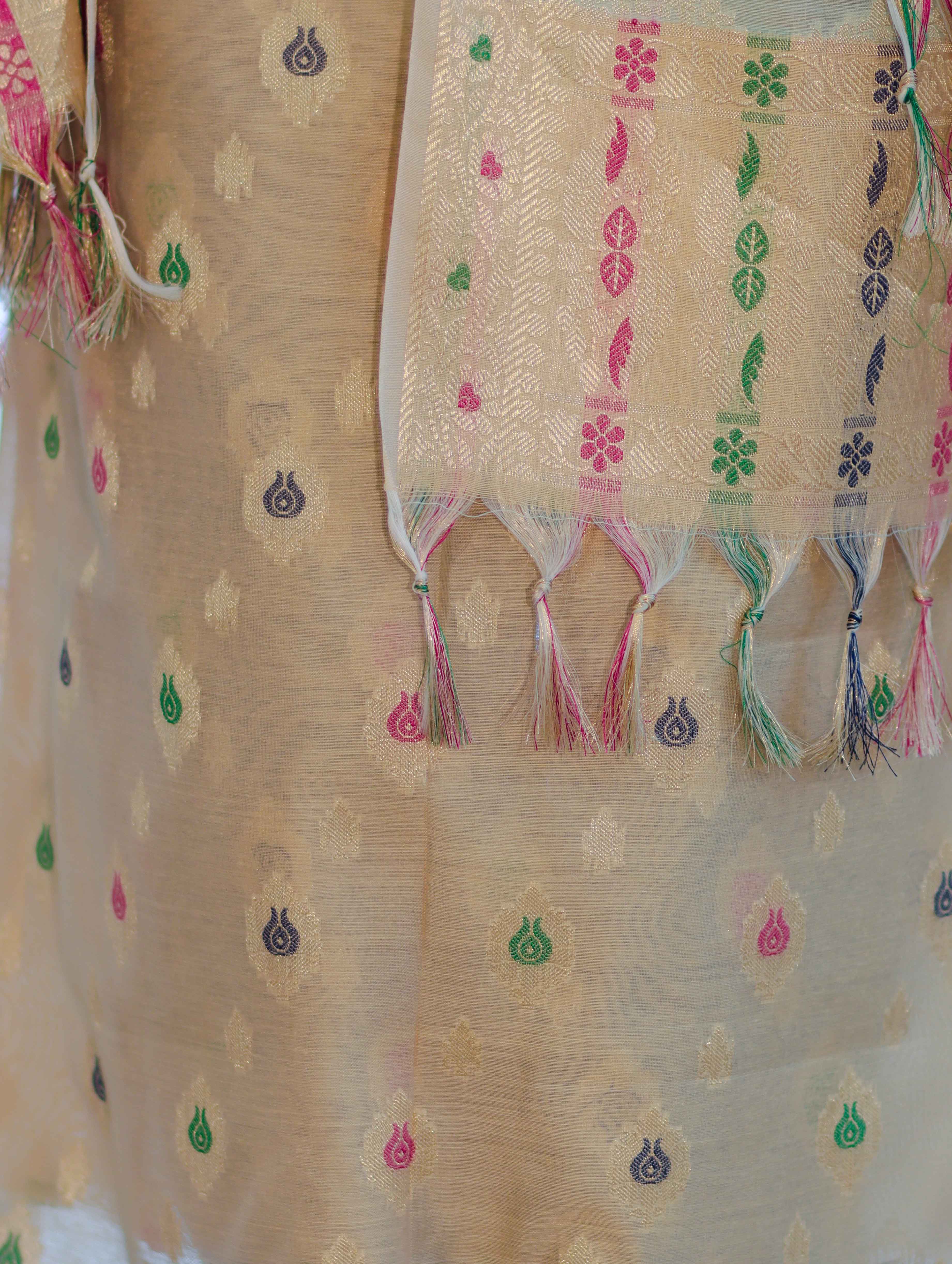 Banarasee Cotton Silk Zari Work Salwar Kameez Fabric With Jaal Design Dupatta Set-Gold & Mint Green