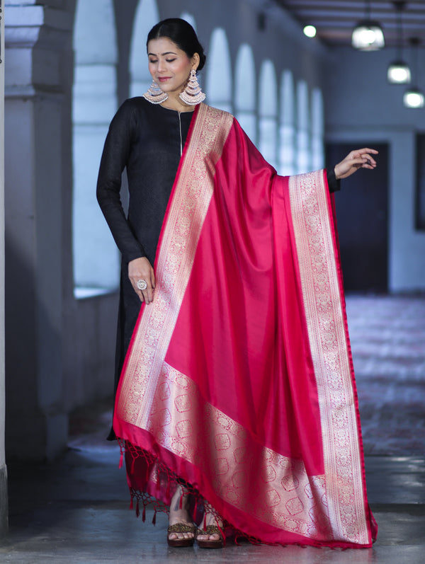 Banarasee Katan Silk Dupatta With Gold Zari Woven Border-Fuchsia Pink