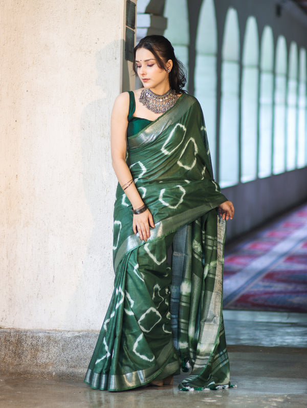 Banarasee Handloom Cotton Silk Hand Dyed Shibori Pattern Saree-Green