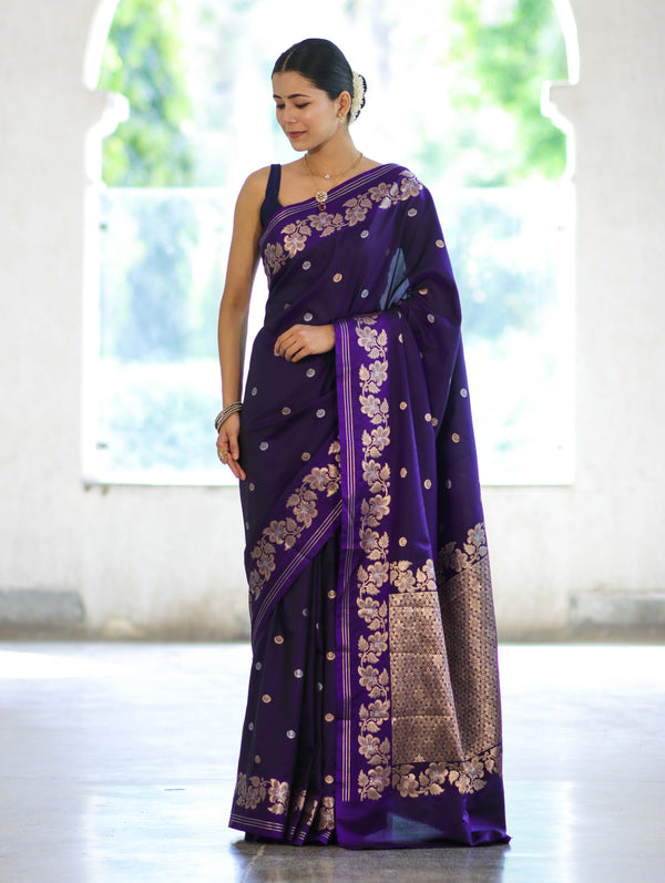 Banarasee Handloom Semi Silk Saree With Sona Rupa Zari Buti Design & Floral Border-Violet
