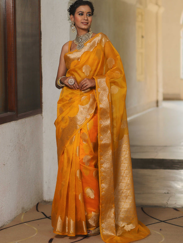 Banarasee Organza Mix Saree With Zari Buta & Scallop Border Design-Yellow